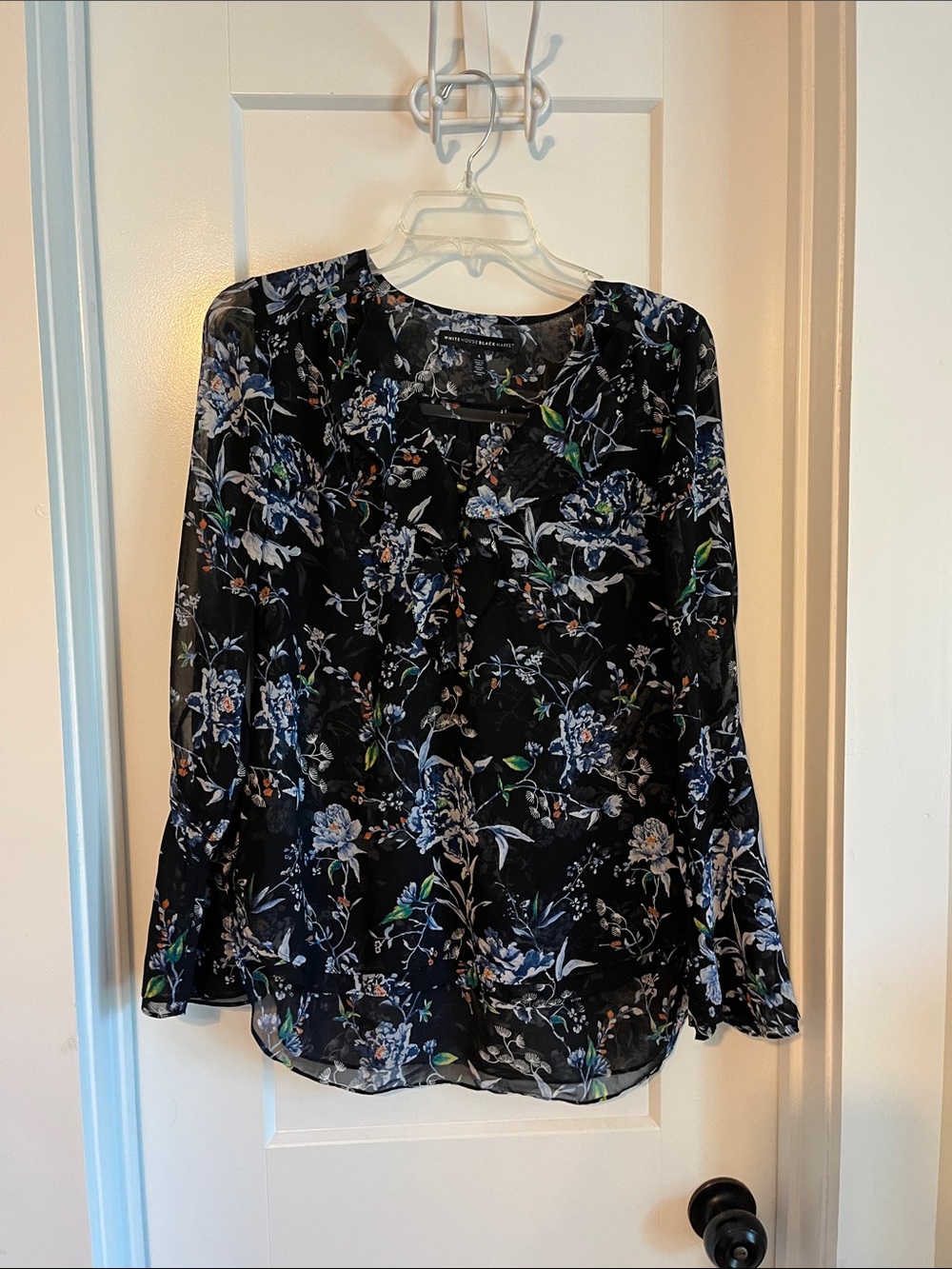 White House Black Market Black Floral Long-Sleeve Blouse